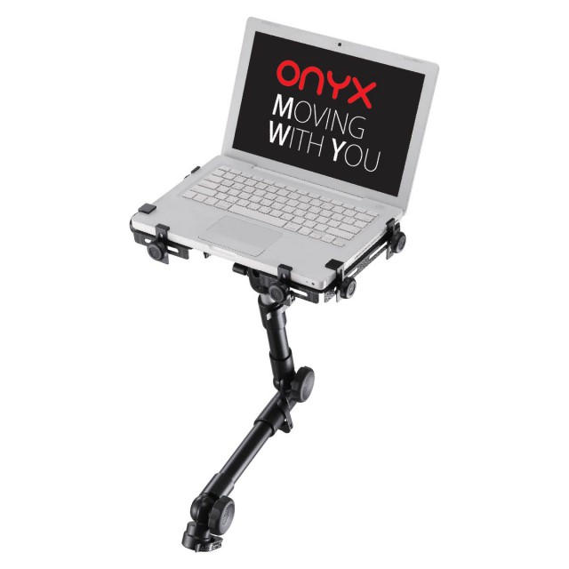 ONYX mounting stand securely holding a laptop with the text 'ONYX MOVING WITH YOU', highlighting the adjustable and durable design.