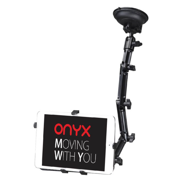 Dorkas series tablet mount from Onyx, featuring a flexible arm with a suction cup base for secure attachment and adjustable positioning.