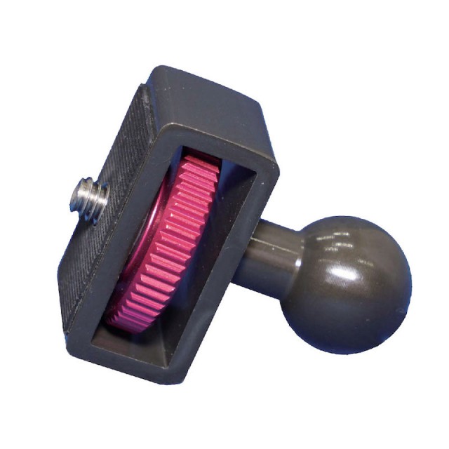 Mounting accessory with red gear and ball connector for secure attachment.