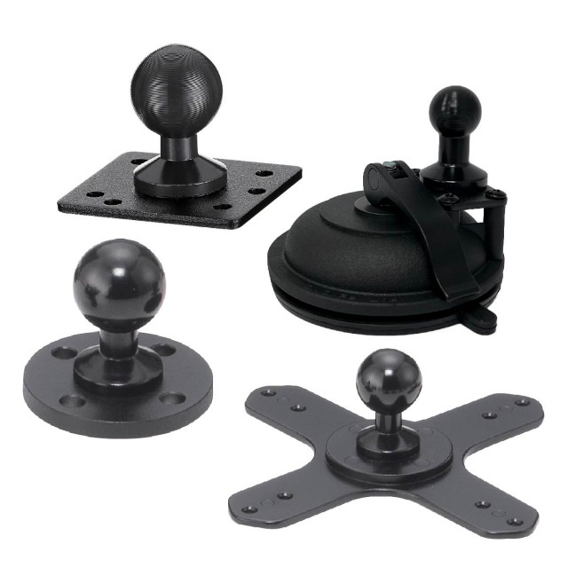 ONYX mounting base components, including round, square, suction, and cross-shaped bases, designed for versatile device attachment.