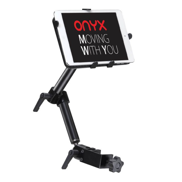 ONYX mounting stand holding a tablet with the text 'ONYX MOVING WITH YOU', showcasing adjustable and secure device placement.