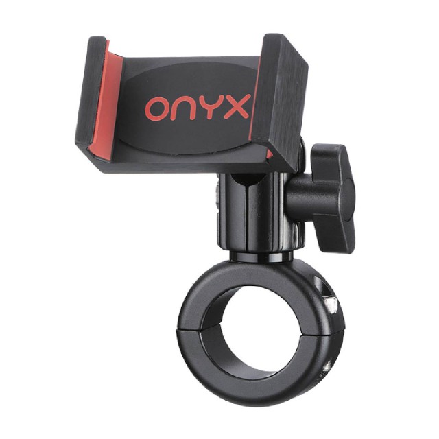 ONYX mounting accessory with circular base and adjustable clamp, featuring red padding for secure device holding.