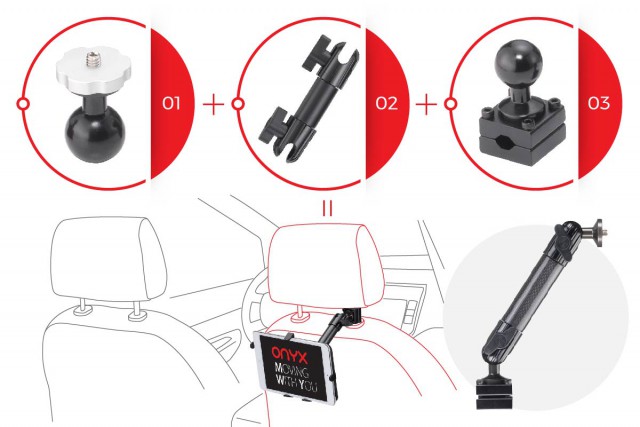 ONYX 'Build Your Solution' components: ball connector, adjustable clamp, and base, assembled for in-car device mounting.