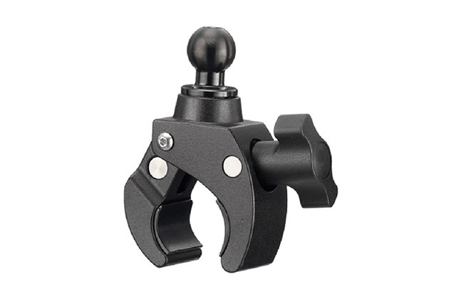 Black clamp mount with ball joint connector for secure attachment