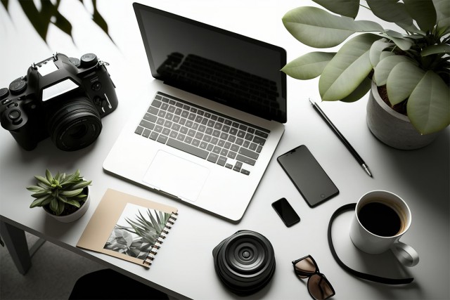 Workspace with laptop, camera, and phone, ideal for Laptop Mount and Camera Mount setup