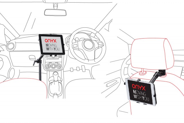 Onyx Mount car mounts for tablets, shown on the dashboard and backseat headrest in a vehicle illustration.
