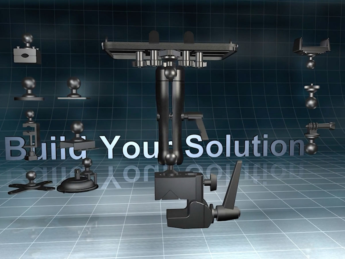 Onyx Mount components arranged in a futuristic grid background, highlighting modular mounting solutions. Text reads: "Build Your Solution.